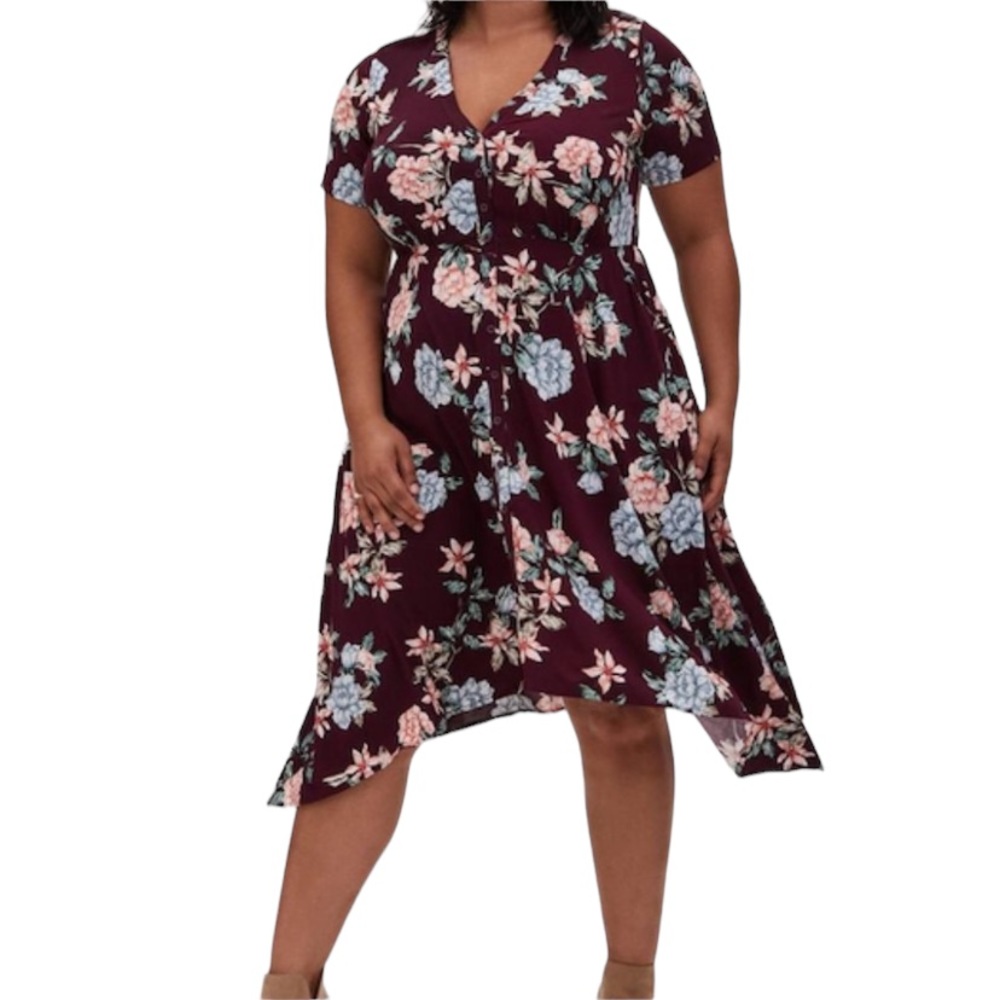 Torrid Burgundy Floral Midi Challis Shirt Dress Plus Size Womans 3